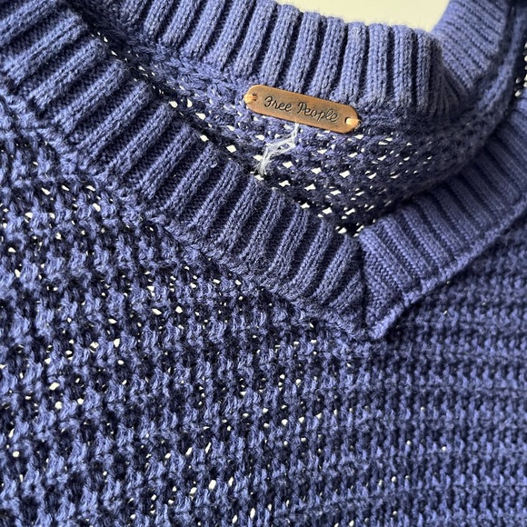 Free People - Oversized Cold Shoulder Waffle Blue Sweater - Picture 3 of 4